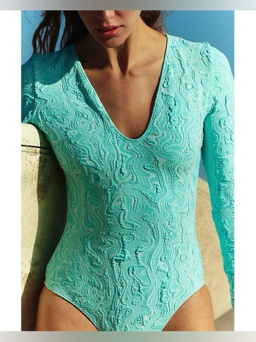 NWT Seea free people Valentina one piece swimsuit long sleeves blue S